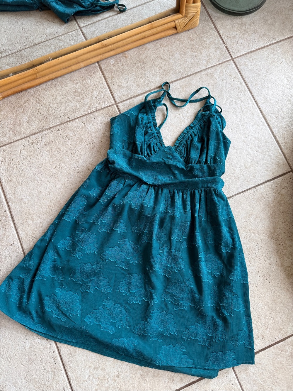 wild fable Teal Lace-Overlay Mini Dress with Tie Straps